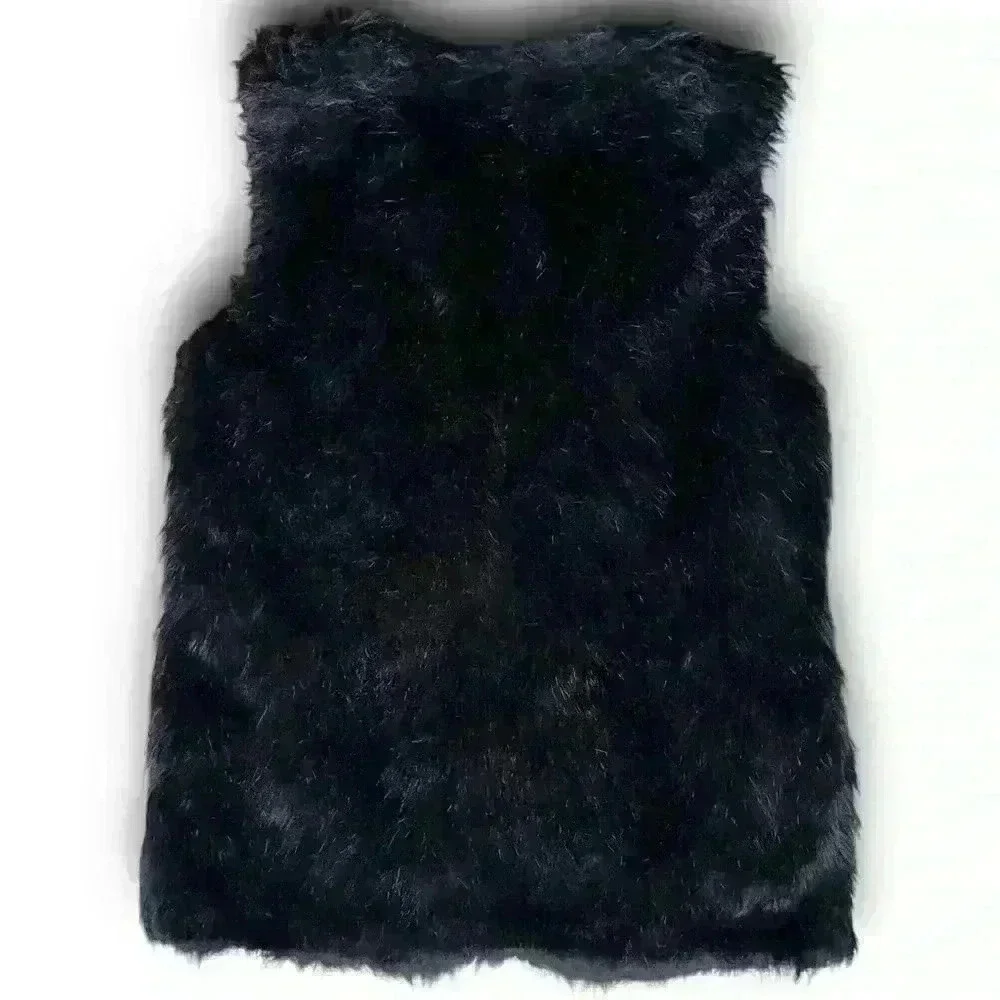 vtg‎ y2k black mobwife faux fur sleeveless vest hidden side pockets open front m